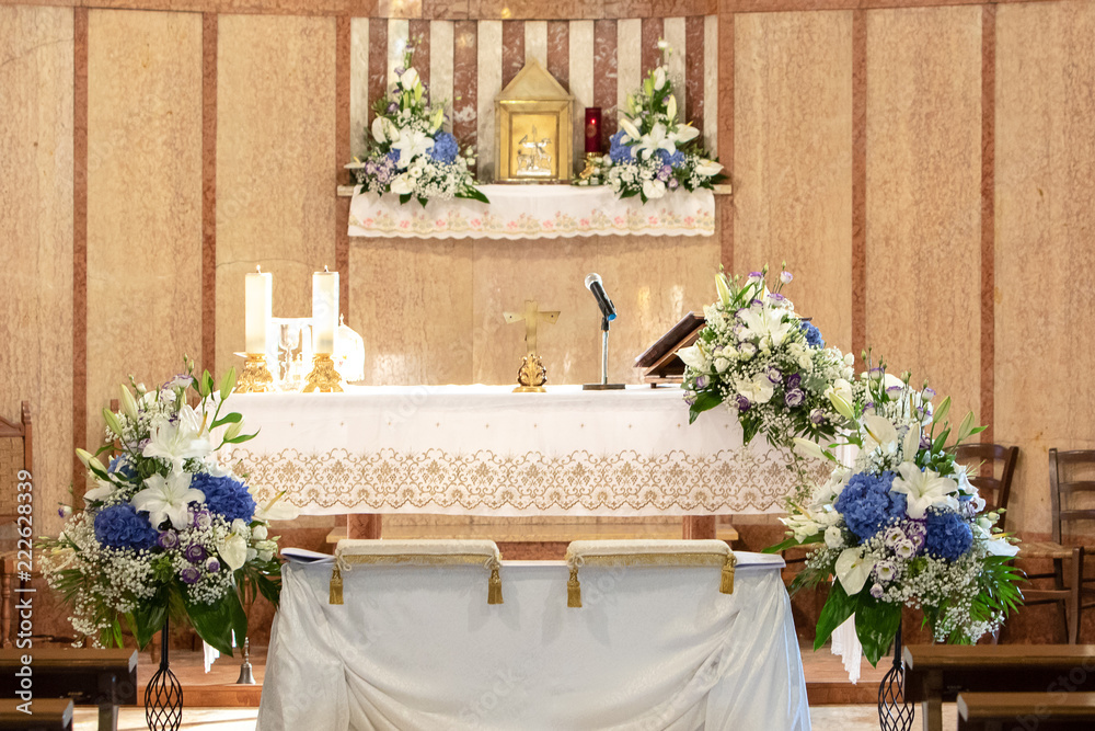 Church altar decorated for a wedding