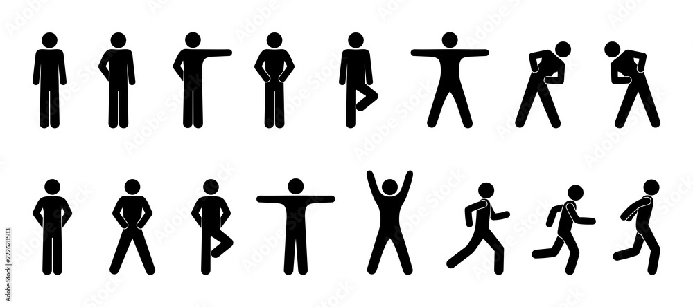 stick figure, set of icons people, basic movement, man poses, pictogram  human silhouettes Stock Vector