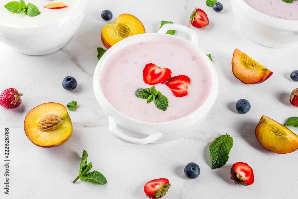 Various sweet creamy fruit & berry soups Various sweet creamy fruit & berry soups