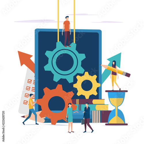 Vector illustration in a flat style, teamwork. The concept of working on a business project,  developing a business strategy.
