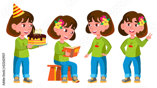 Girl Kindergarten Kid Poses Set Vector. Emotional Character Playing. Playground. For Presentation, Invitation, Card Design. Isolated Cartoon Illustration