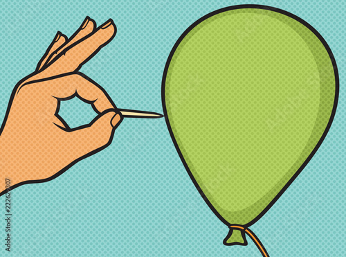 hand with a needle pierces the balloon pop art illustration