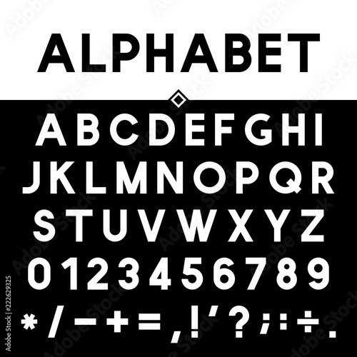Black Alphabet, Strict Classic Thick Font, Numbers and Mathematical Signs, Strict Typeface, Vector Illustration