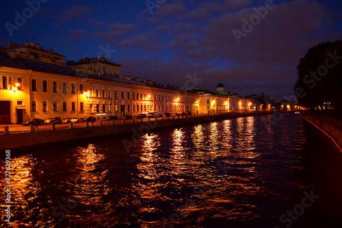 Night city of Saint Petersburg with lights reflecting in the water