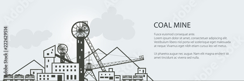 Coal Mining Banner, Complex Industrial Facilities with Spoil Tip and with Rail Cars, Coal Industry, Poster Brochure Flyer Design, Vector Illustration