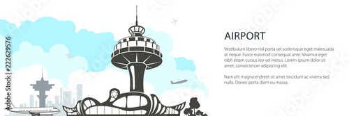 Modern Airport Banner, Silhouette Control Tower and Airplane, Travel and Tourism Concept , Air Travel and Transportation, Vector Illustration