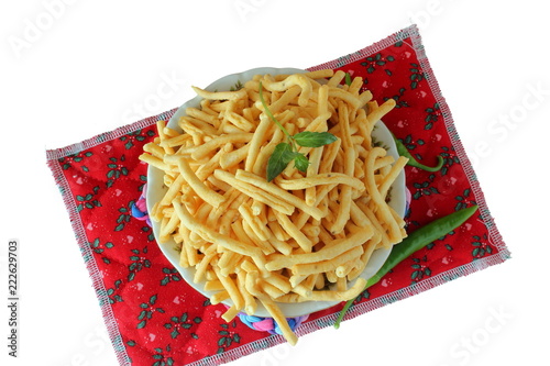 traditional indian gujrati tea time snack food bhavnagri ganthia  fry noodles of chickpea flour or besan  photo