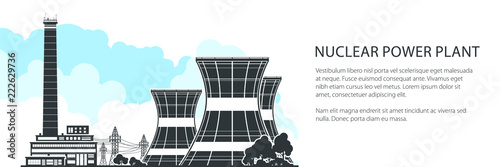 Silhouette Nuclear Power Plant Banner , Thermal Station, Nuclear Reactor and Power Lines, Vector Illustration