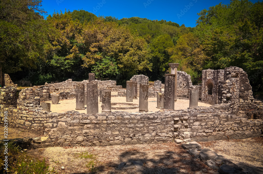 Panoramic view to Remains of the baptistery ruins of ancient town of Butrint , Sarande, Albania Panoramic view to Remains of the baptistery ruins of ancient town of Butrint , Sarande, Albania