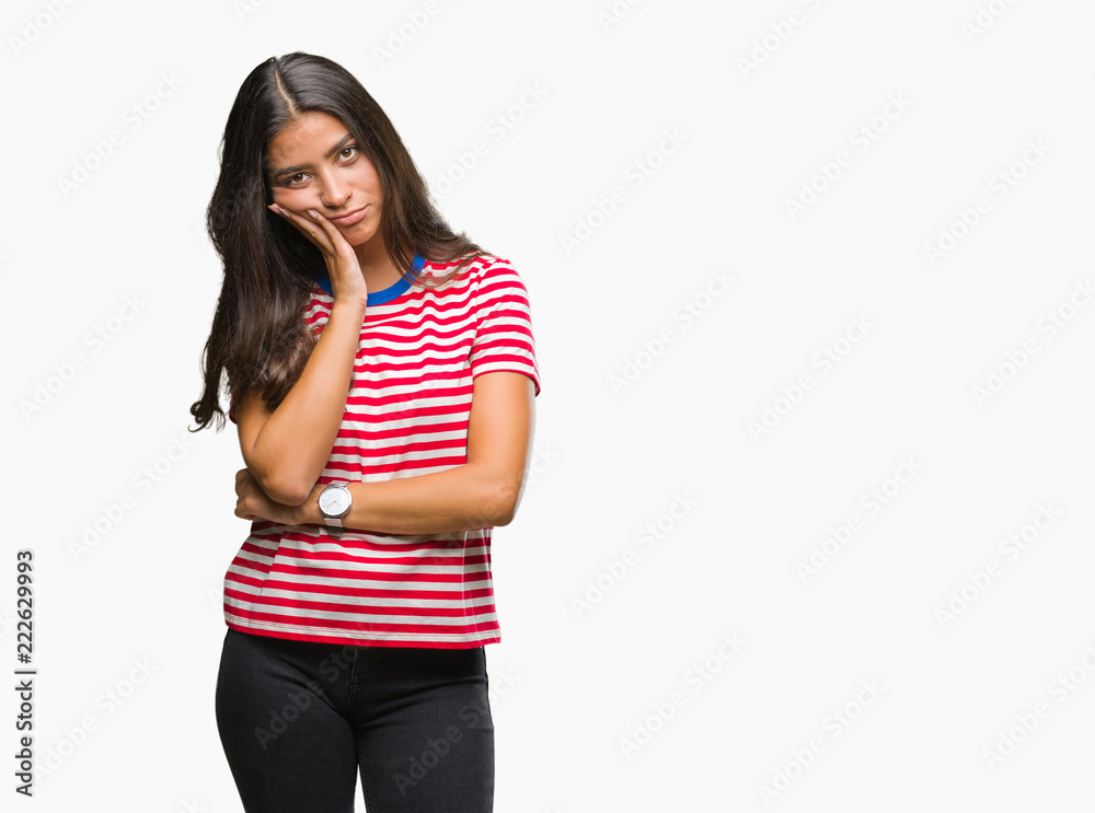 Young beautiful arab woman over isolated background thinking looking tired and bored with depression problems with crossed arms.