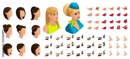 Isometry of the stewardess girl with a set of emotions for the creation of her character. A large set of lips, hair, eyes, nose. Beauty Facial Designer set 1
