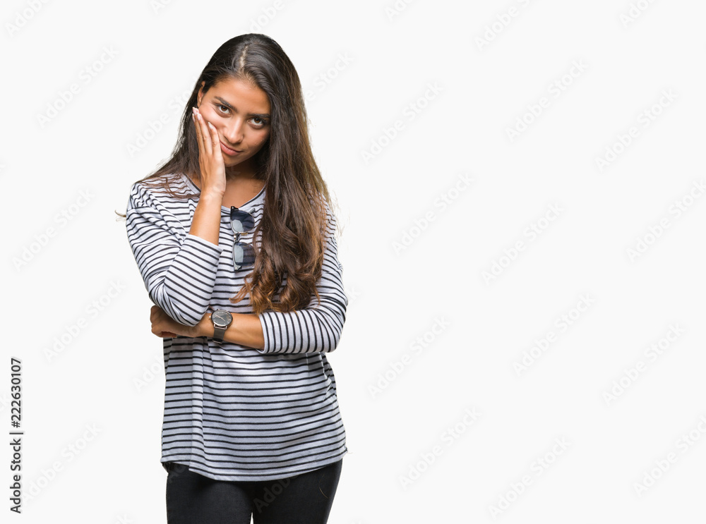 Young beautiful arab woman wearing sunglasses over isolated background thinking looking tired and bored with depression problems with crossed arms. Young beautiful arab woman wearing sunglasses over isolated background thinking looking tired and bored with depression problems with crossed arms.
