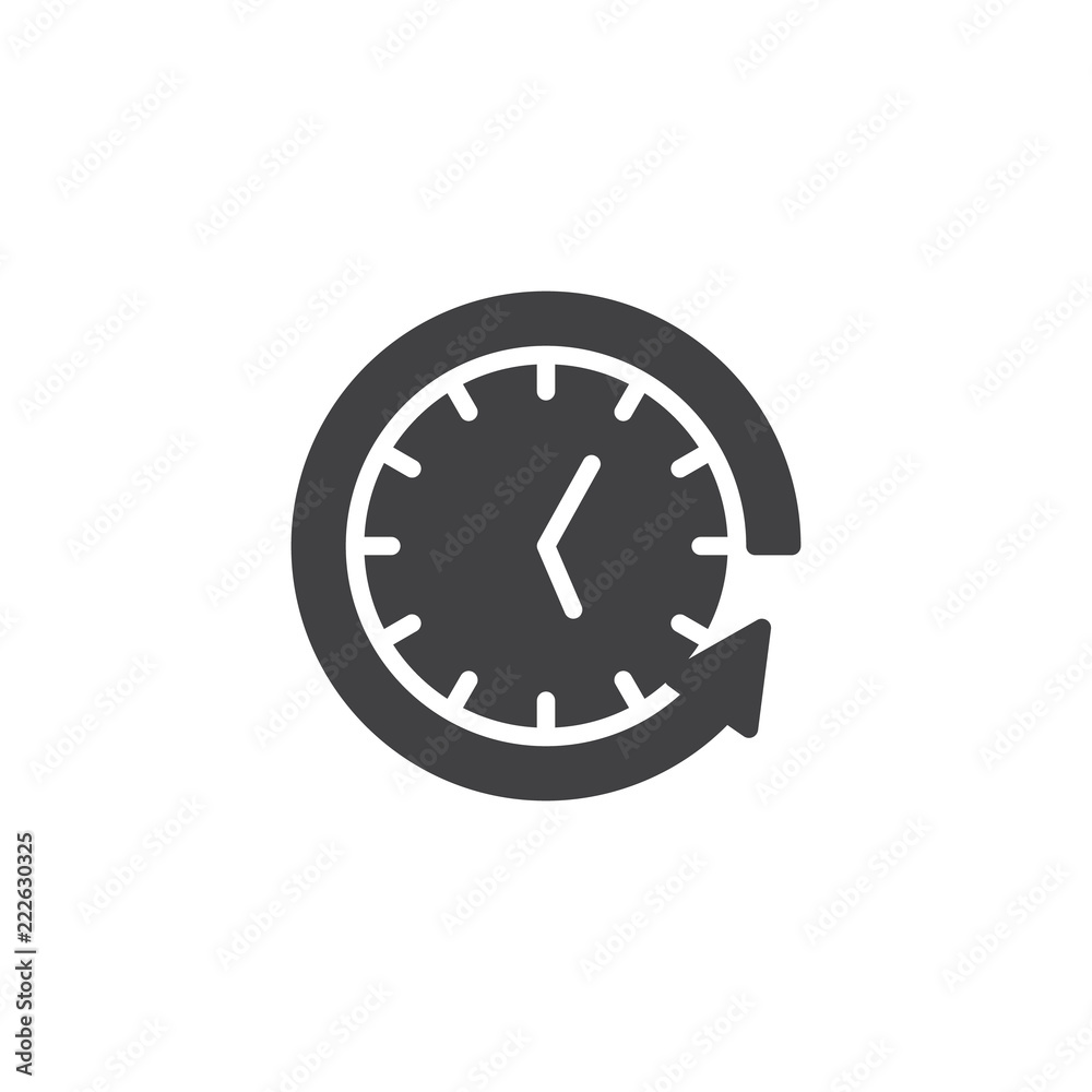 Back arrow around clock vector icon. filled flat sign for mobile concept and web design. Time back simple solid icon. Backup symbol, logo illustration. Pixel perfect vector graphics Back arrow around clock vector icon. filled flat sign for mobile concept and web design. Time back simple solid icon. Backup symbol, logo illustration. Pixel perfect vector graphics