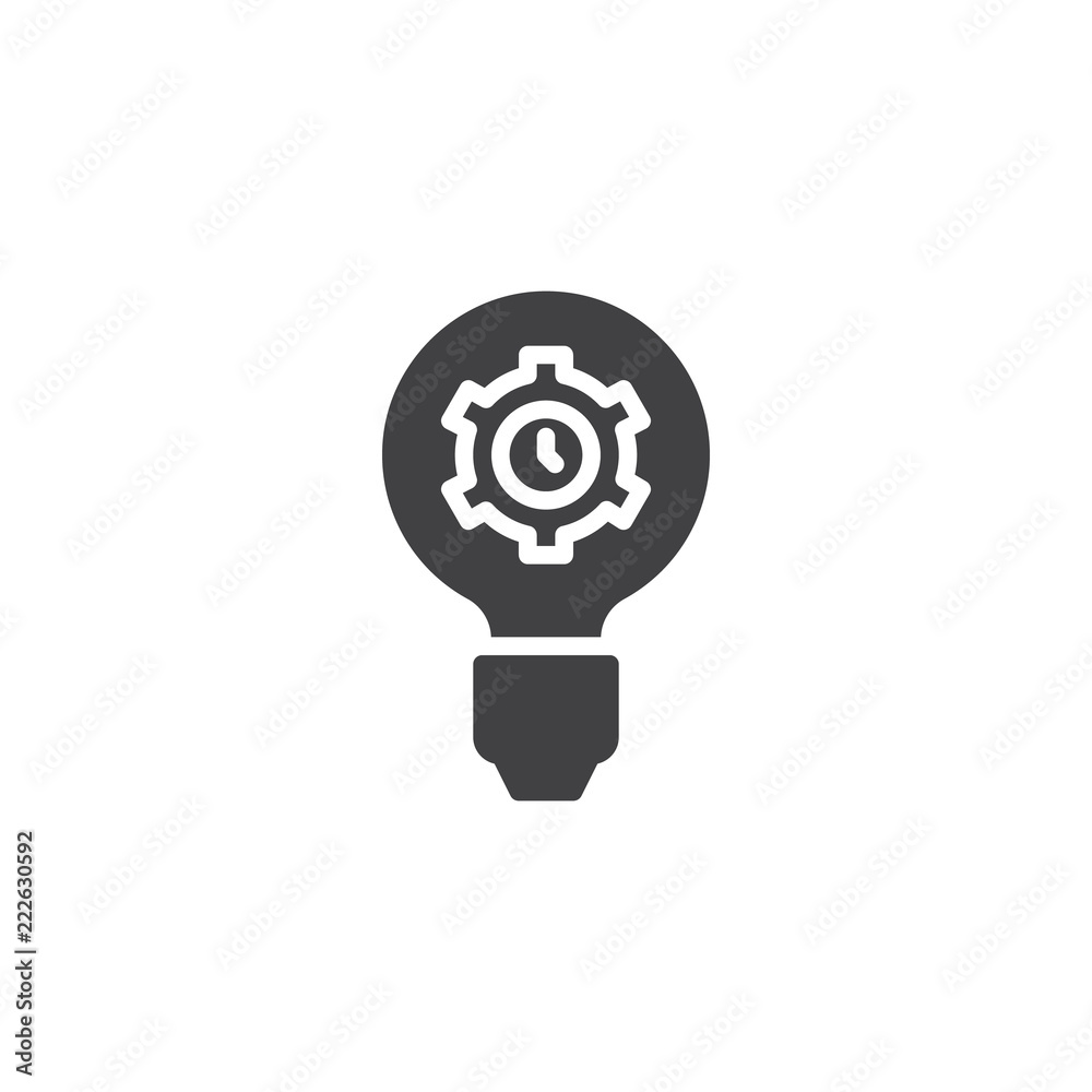 Lamp with clock gear inside vector icon. filled flat sign for mobile concept and web design. Productivity simple solid icon. Symbol, logo illustration. Pixel perfect vector graphics Lamp with clock gear inside vector icon. filled flat sign for mobile concept and web design. Productivity simple solid icon. Symbol, logo illustration. Pixel perfect vector graphics