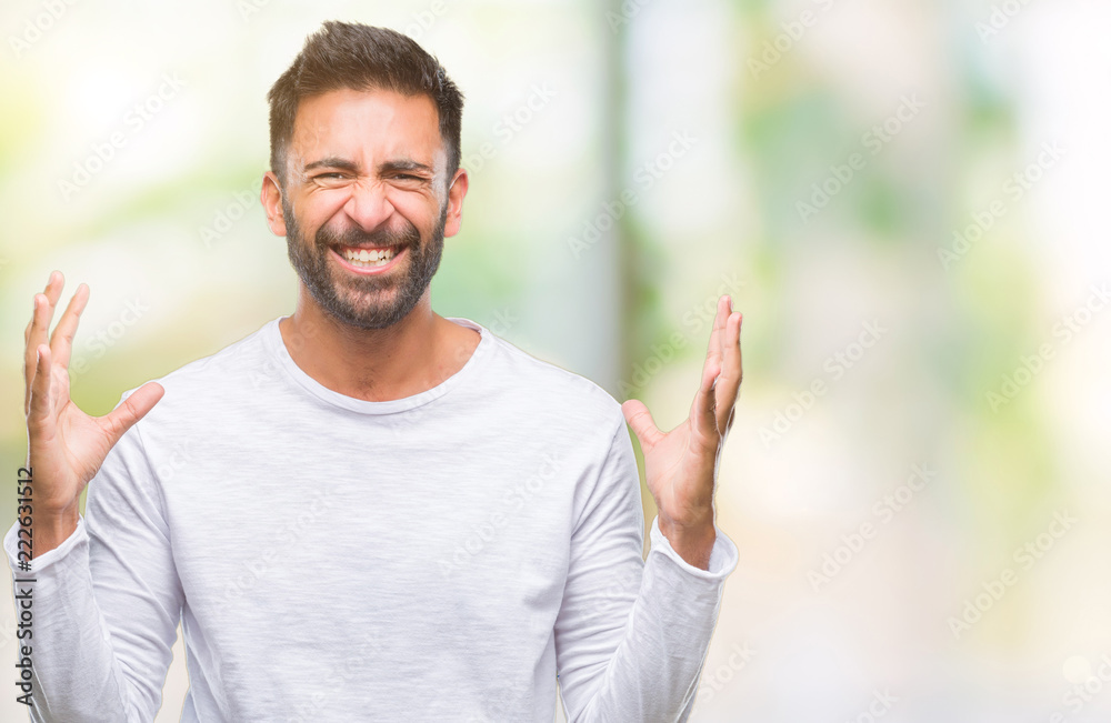 Adult hispanic man over isolated background crazy and mad shouting and yelling with aggressive expression and arms raised. Frustration concept. Adult hispanic man over isolated background crazy and mad shouting and yelling with aggressive expression and arms raised. Frustration concept.