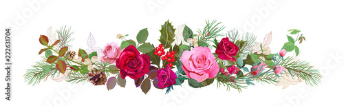 Panoramic view with red, pink roses, pine branches, cones, holly berry, common snowberry. Horizontal border for Christmas: flowers, leaves, white background, digital draw, watercolor style, vector