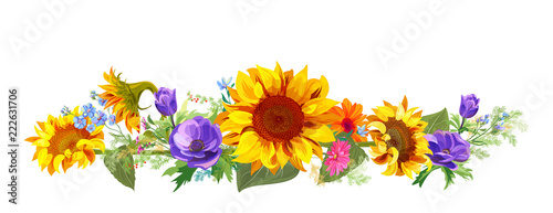 Horizontal autumn’s border: sunflowers, blue anemones, forget-me-nots, gerbera daisy flowers, small twigs on white background. Digital draw, illustration in watercolor style, panoramic view, vector