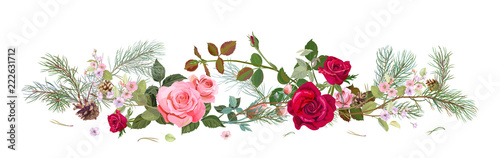 Panoramic view with red, pink roses, spring blossom, pine branches, cones. Horizontal border for Christmas: flowers, buds, leaves on white background, digital draw, watercolor style, vector
