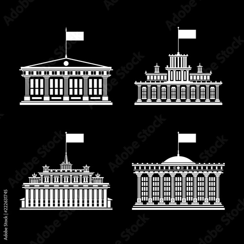 Silhouettes of Houses with a Flag on the Roof Isolated on Black Background, Bank or Court, Government Building, Financial Institution, Vector Illustration