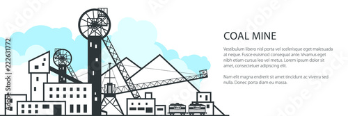 Mine Banner, Complex Industrial Facilities with Spoil Tip and with Rail Cars, Coal Industry, Poster Brochure Flyer Design, Vector Illustration photo