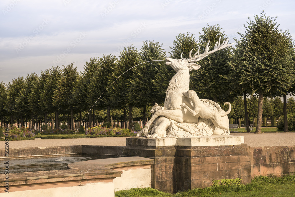 Obraz premium Schwetzingen Palace Garden. Deer group and tree alley. Schwetzingen, Baden Wuerttemberg, Germany, Europe