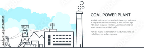 Power Station Banner, Complex Industrial Facilities with the Power Line and Coal Mine, Energy Industry, Poster Brochure Flyer Design, Vector Illustration
