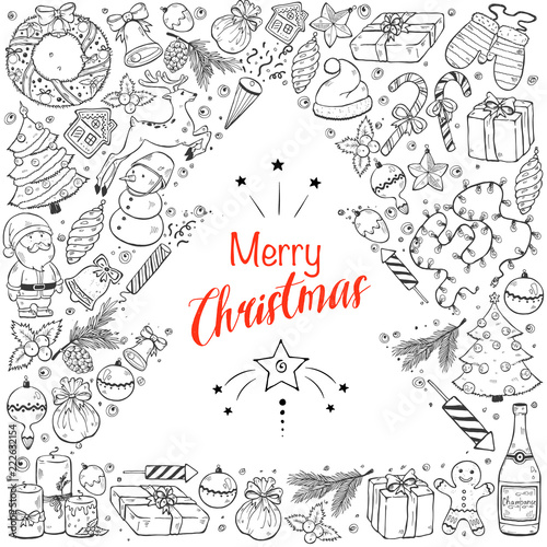 Hand drawn Merry Christmas doodle composition around text. Vector illustration of New year symbols  isolated on white background. Happy holidays.