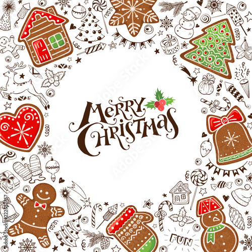 Hand drawn Merry Christmas gingerbread in circle composition around text. Vector illustration of New year  doodles  isolated on white background. Happy holidays.