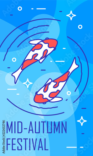Mid-Autumn Festival banner with two fish on blue background. Thin line flat design. Vector card.