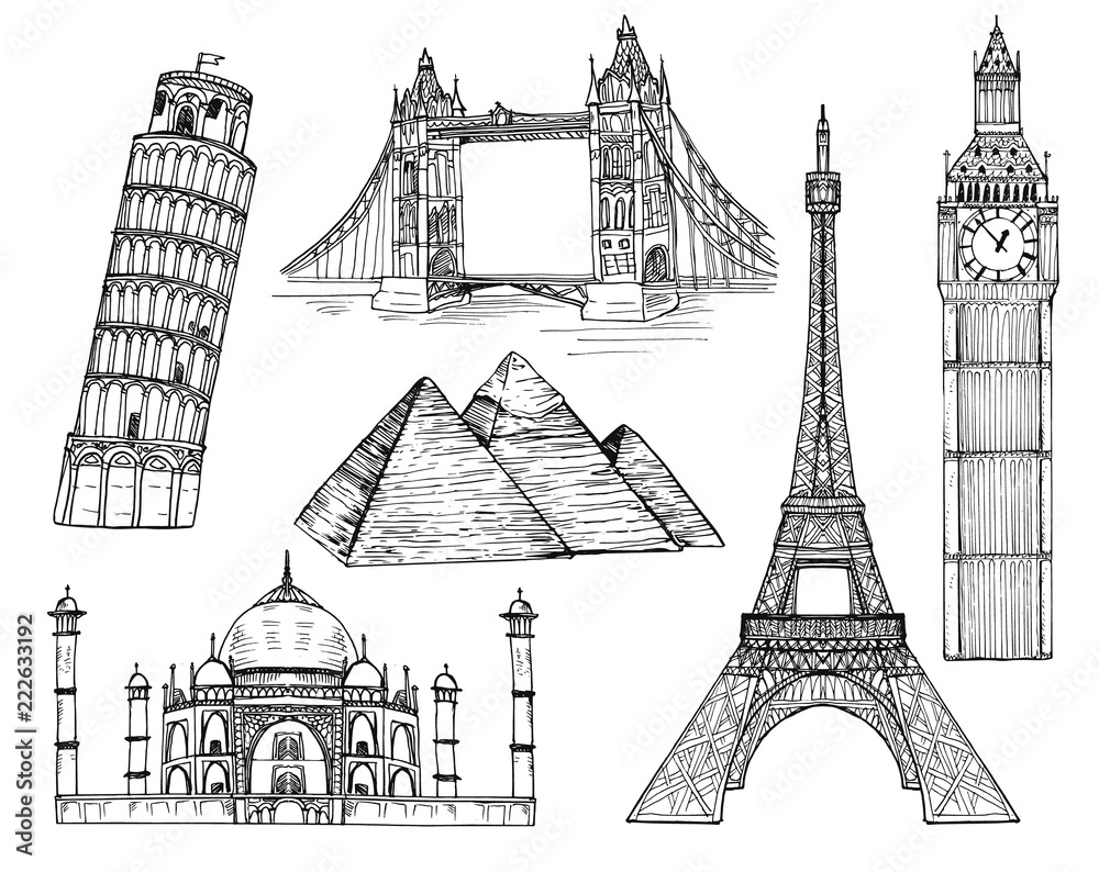 Premium Vector | Set of india landmarks sketch style