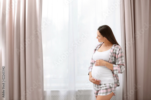 Young beautiful pregnant woman near window at home