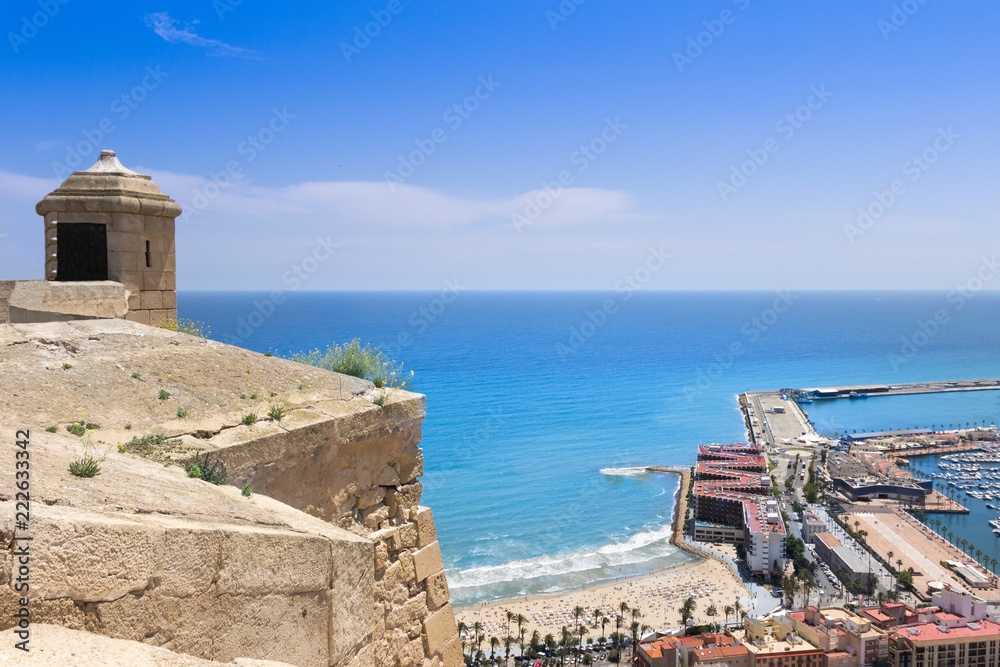 Alicante Santa Barbara castle with panoramic aerial view at the famous touristic city in Costa Blanca, Spain