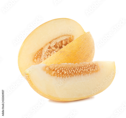 Sliced ripe tasty melon on white background