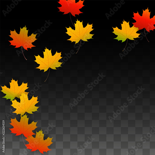 September Vector Background with Golden Falling Leaves. Autumn Illustration with Maple Red, Orange, Yellow Foliage. Isolated Leaf on Transparent Background. Bright Swirl. Suitable for Posters.