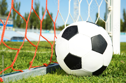 Soccer ball near net on green football field grass © New Africa