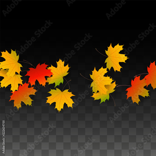 September Vector Background with Golden Falling Leaves. Autumn Illustration with Maple Red, Orange, Yellow Foliage. Isolated Leaf on Transparent Background. Bright Swirl. Suitable for Posters.