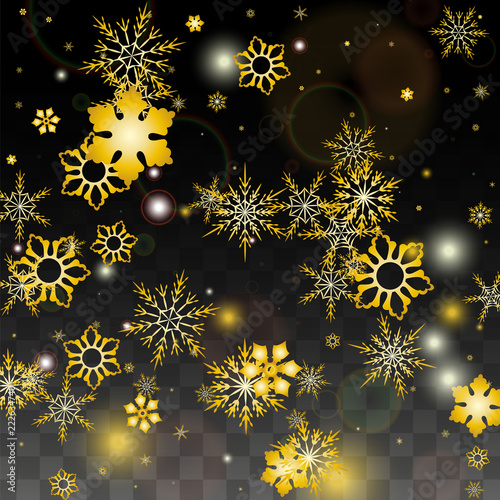 Christmas  Vector Background with Gold Falling Snowflakes Isolated on Transparent Background. Realistic Snow Sparkle Pattern. Snowfall Overlay Print. Winter Sky. Design for Party Invitation.