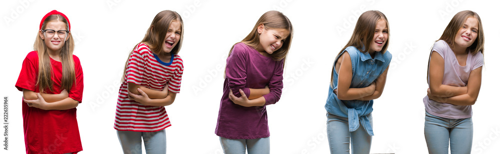 Collage of young beautiful little girl kid over isolated background with hand on stomach because nausea, painful disease feeling unwell. Ache concept. Collage of young beautiful little girl kid over isolated background with hand on stomach because nausea, painful disease feeling unwell. Ache concept.
