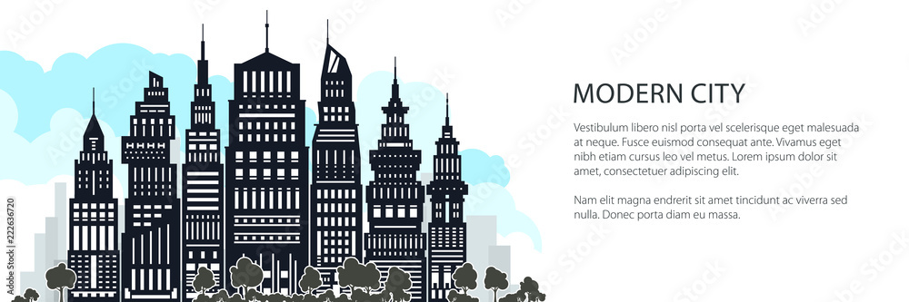 Silhouette Modern Big City Banner , Architecture Megapolis with Buildings and Skyscraper, City Financial Center, Vector Illustration