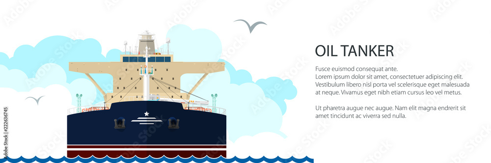 Front View of the Vessel Oil Tanker and Text, International Freight Transportation Banner, Ship for the Transportation of Goods, Vector Illustration