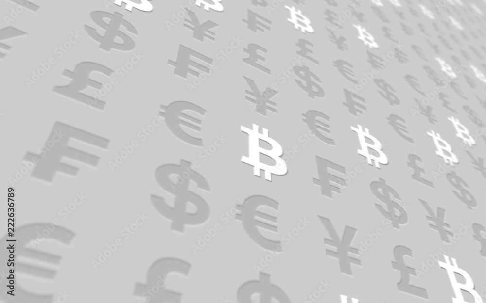 Bitcoin and currency on a gray background. Digital Cryptocurrency symbol. Business concept. Market Display. 3D illustration