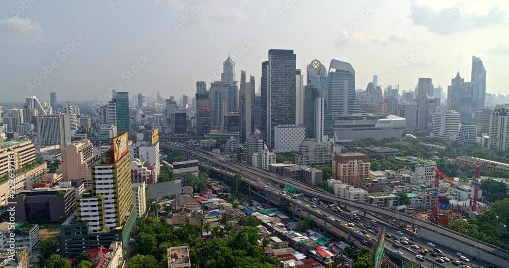 Thailand Bangkok Aerial v149 Flying low along path of expressway with neighborhood views 3/18