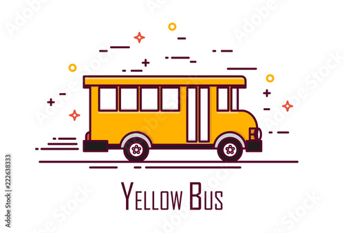 Yellow school bus on white background. Thin line flat design. Vector icon.