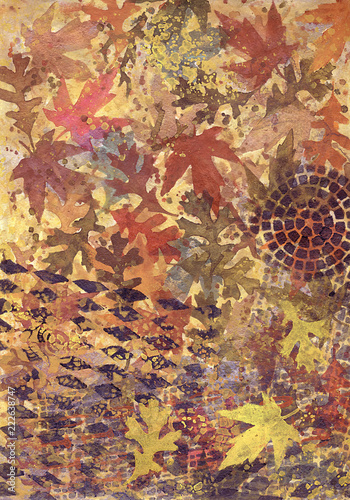 Watercolor abstract autumn background with oak and maple leaves