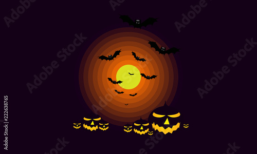 Pumpkins and bats in the background of the moon