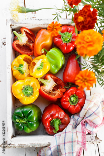 Beautiful juicy bell peppers in a white wooden box. Organic vegetables. White wooden table in the garden. Style rustic. Colorful