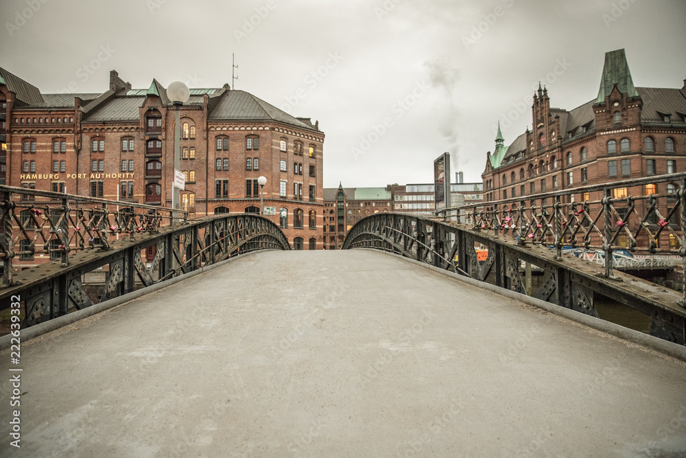 Crossing a metal bridge in Hamburg, Germany