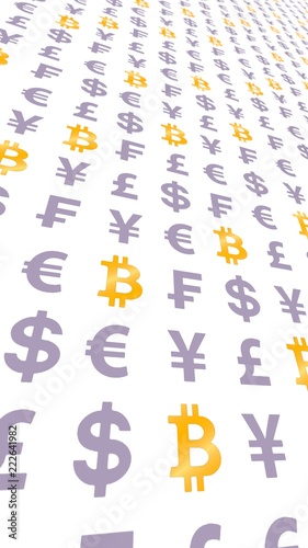 Bitcoin and currency on a white background. Digital Cryptocurrency symbol. Business concept. Market Display. 3D illustration