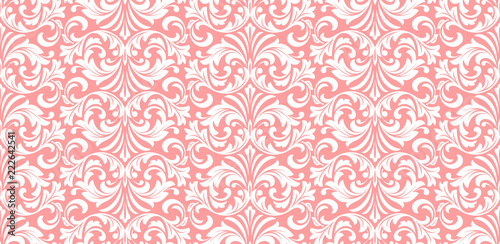 Wallpaper in the style of Baroque. Seamless vector background. White and pink floral ornament. Graphic pattern for fabric, wallpaper, packaging. Ornate Damask flower ornament