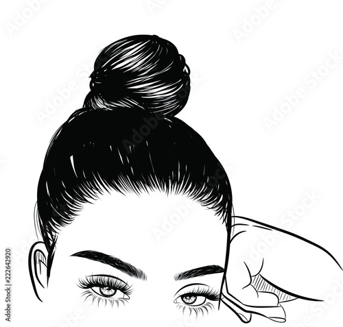 Woman with stylish classic bun with perfect eyebrow shaped and full. Illustration of business hairstyle with natural long hair. Hand-drawn idea for greeting card, poster, flyers, web, print for t-shir